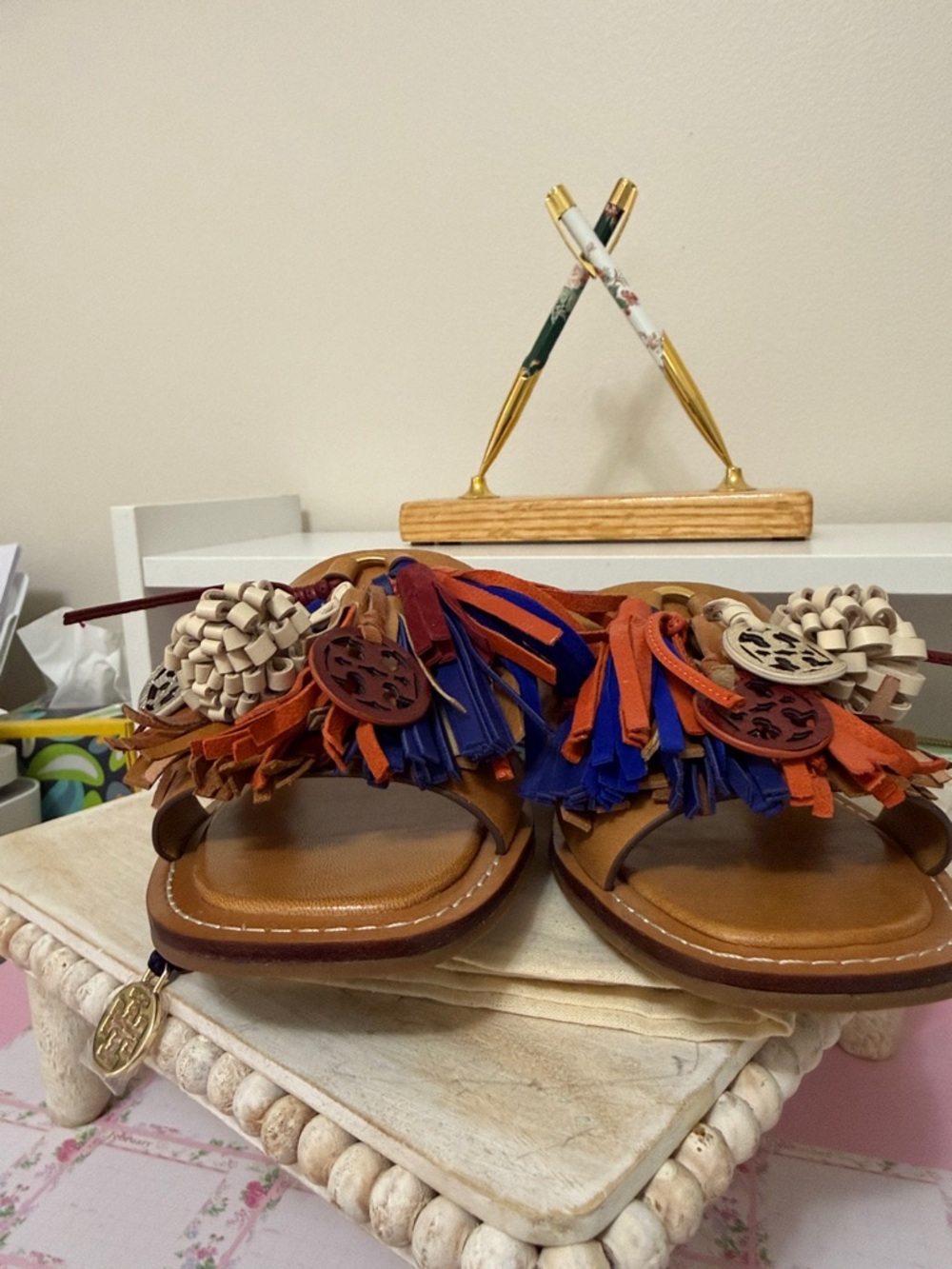 Tory Burch Tan Leather Tassel Slide Sandals with Multicolor Fringe - Picture 4 of 11